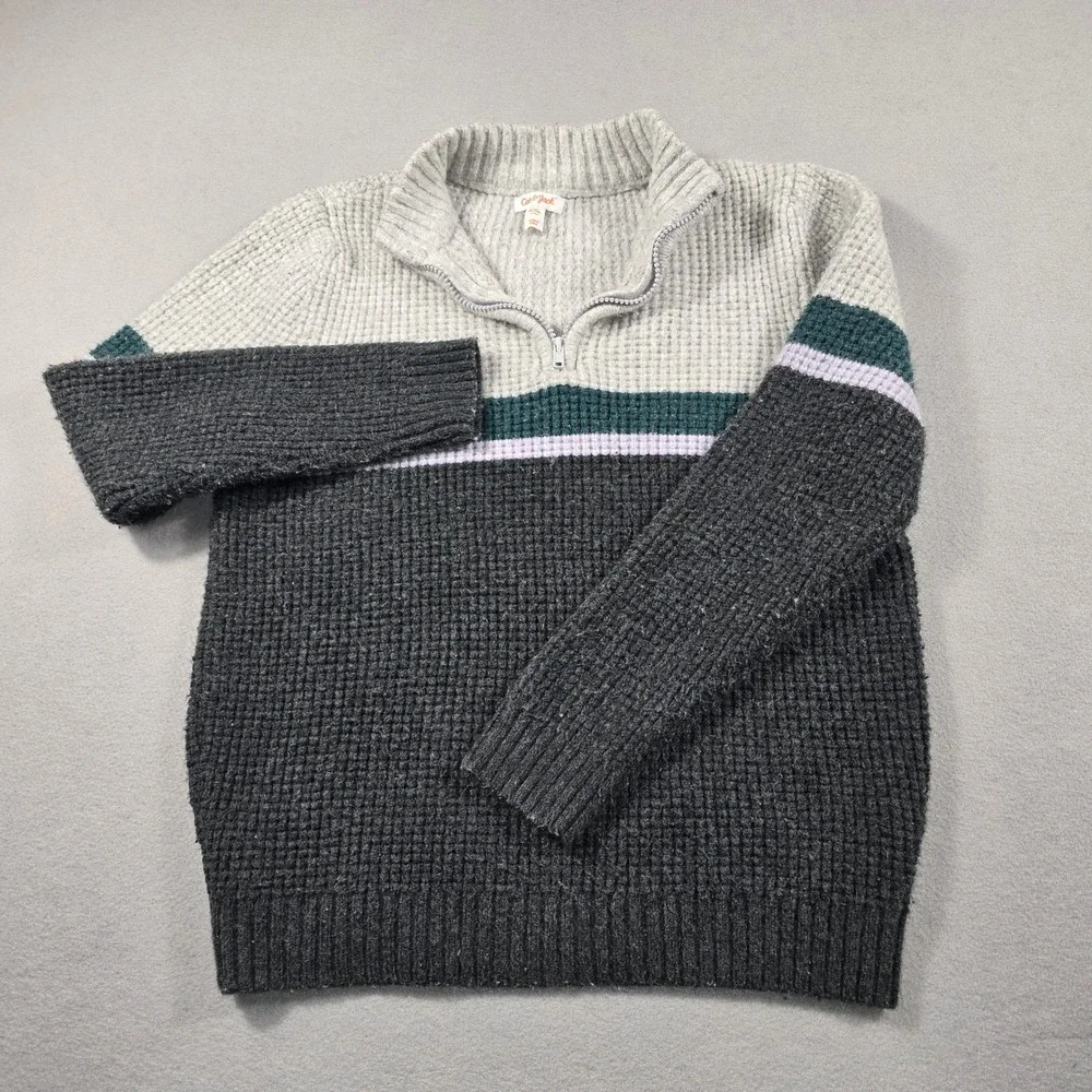 Cat & Jack Boys XL 16 Grey Colorblock Quarter Zip Waffle Knit Sweater Pullover